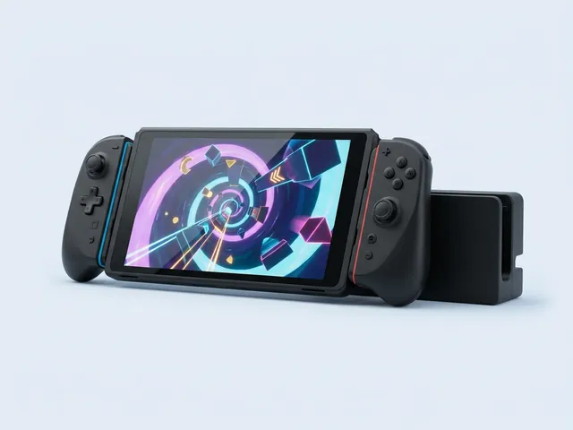 Console de jeu hybride noire, ses deux manettes et sa station